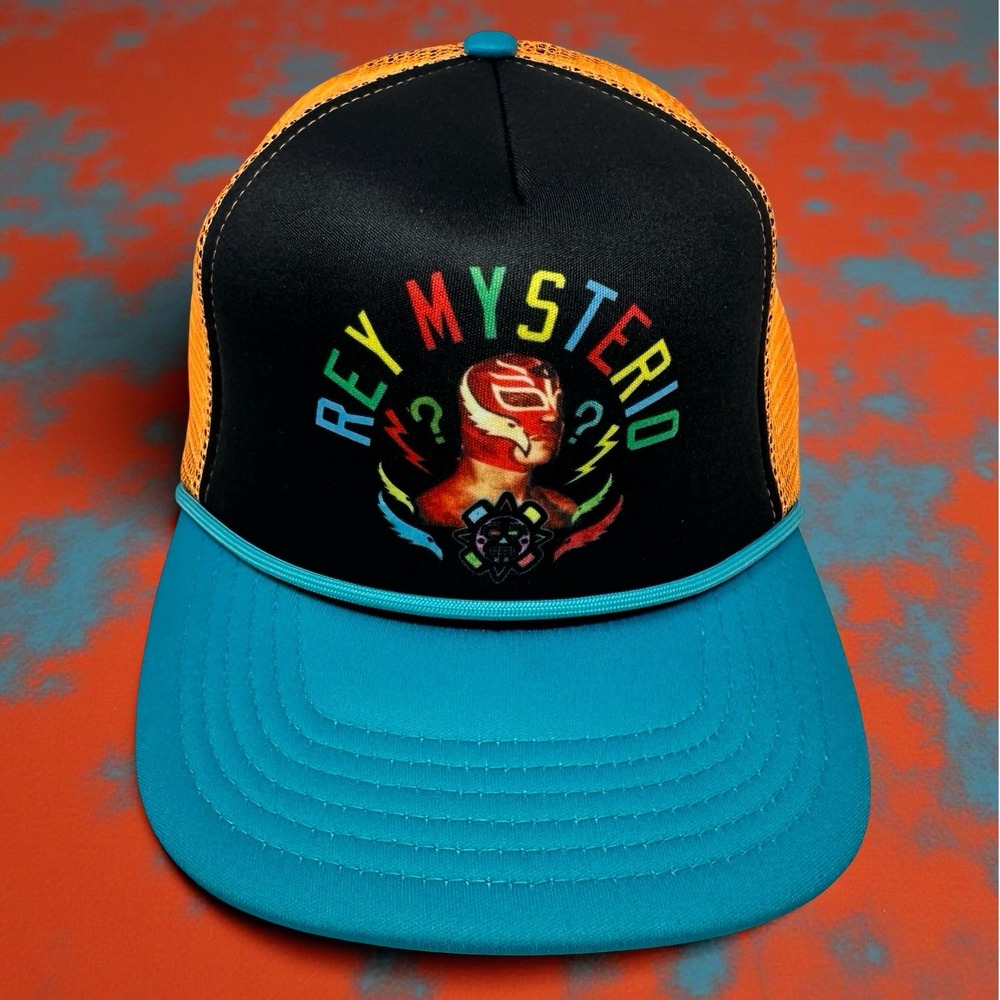 Rey Mysterio x Roots Of Fight Trucker Hat Wrestling Orange Blue Black Rare